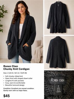 Ronen Chen Black Chunky Ribbed Shawl Collar Cardigan